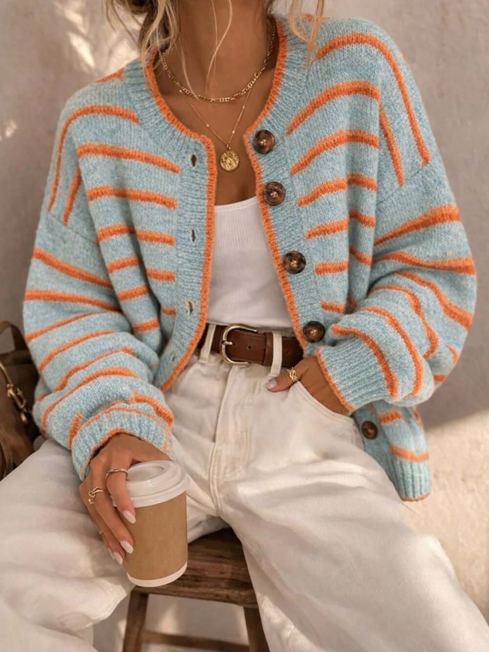 Baby Blue Casual Women's Contrast Color Striped Long Sleeve Knit Cardigan - Picture 3 of 6